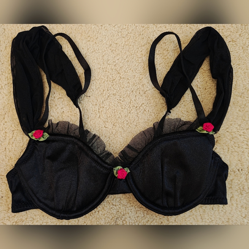 Sugar Thrillz Forbidden Fling Satin Bra w Lace, Rose Buds, Drape Sleeves Ruffles - Picture 6 of 14